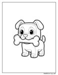 Adopt Me Roblox coloring page featuring a playful cartoon dog holding a large bone in its mouth, perfect for kids to color.