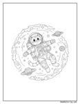 Astronaut cat coloring page featuring a playful feline in a detailed space suit floating among planets, stars, and swirling clouds in outer space.
