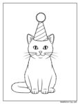 Gato de cumpleaños con sombrero de fiesta, sentado con patas delanteras juntas y cola extendida, listo para colorear.
