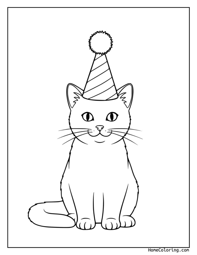 Birthday cat coloring page featuring a cute cat wearing a striped party hat with a pom-pom, sitting with paws together and tail extended.