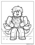 Blox Fruit Kitsune coloring page featuring a Roblox-inspired character with spiky hair, a hooded jacket, and a small cat, standing on textured ground.