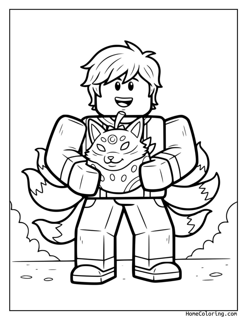 Blox Fruit Kitsune coloring page featuring a Roblox-inspired character with spiky hair, a hooded jacket, and a small cat, standing on textured ground.