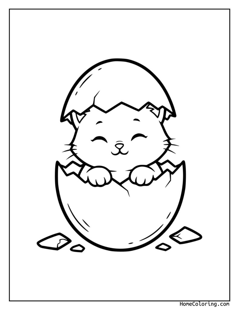 Cat coloring page printable featuring a cute kitten peeking out from a cracked egg with scattered shell pieces around it.