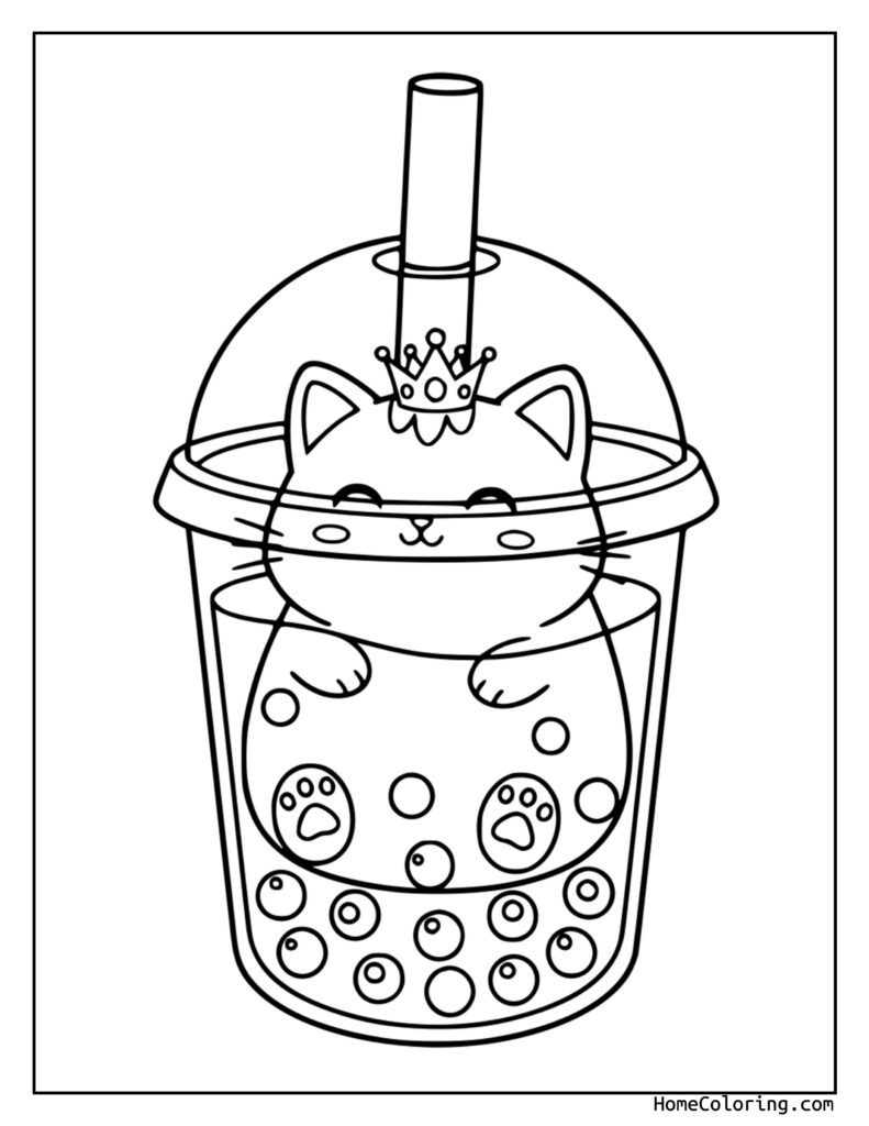Cat bubble tea coloring page featuring a cute cartoon cat with a crown inside a cup filled with bubbles and paw print details, ready for coloring.