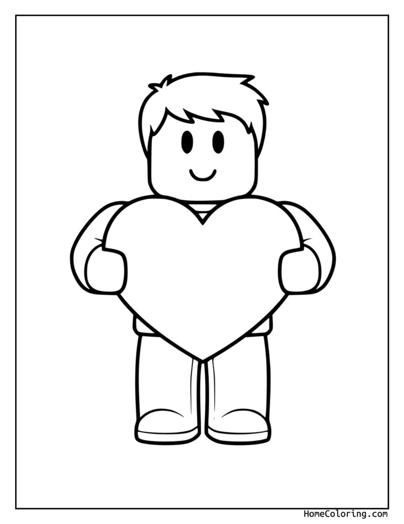 Roblox coloring page featuring a blocky, smiling character holding a large heart shape, perfect for kids to color and enjoy.
