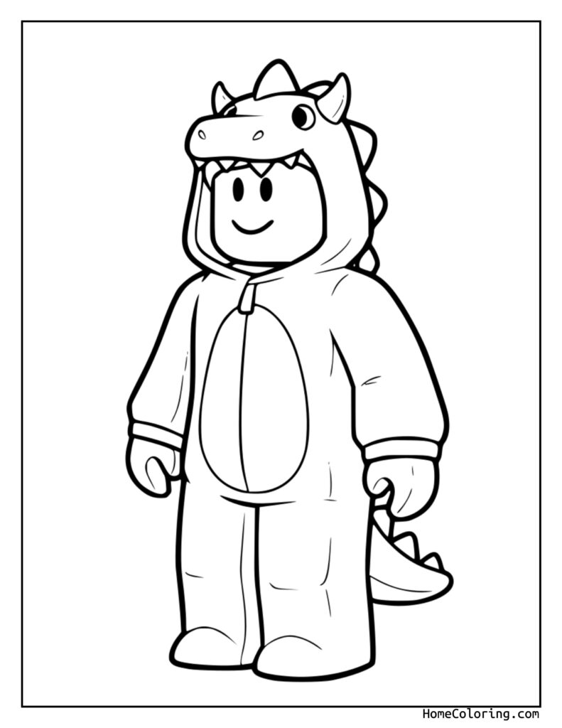 Roblox characters coloring page featuring a cute black and white line drawing of a character in a dinosaur onesie with spikes, gloves, and a smiling face.