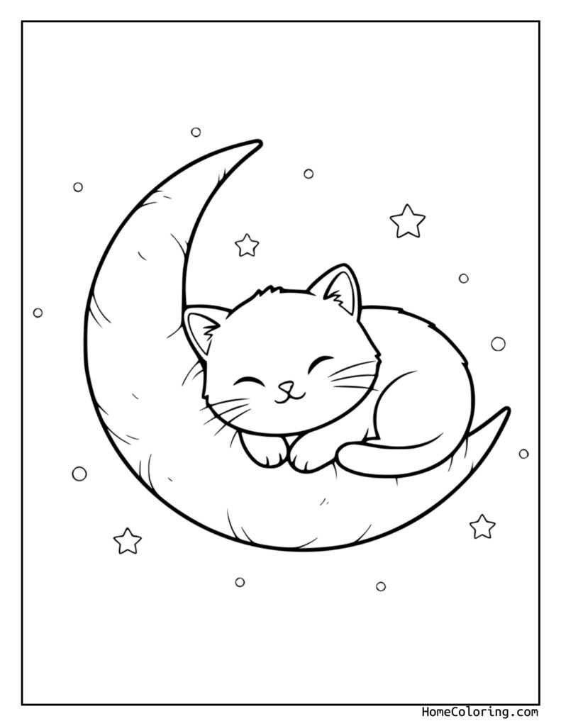 Cat coloring page featuring a cute kitten sleeping peacefully on a crescent moon surrounded by stars in a black and white line drawing.