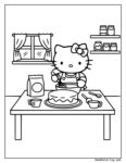 Hello Kitty Backen Ausmalbild: Hello Kitty in einer Küche hinter einem Tisch mit Kuchen, Schüssel, Tasse, Löffel und Mehl- oder Zuckertüte. Im Hintergrund Regale mit Gläsern und ein Fenster mit Vorhängen.