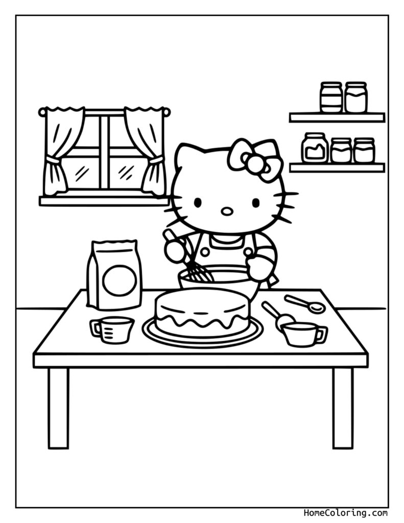 Cooking Hello Kitty coloring page showing Hello Kitty in a kitchen with a cake, bowl, cup, spoon, and flour bag on the table, surrounded by jars and curtains.