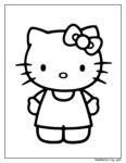 Dibujos para colorear Hello Kitty con su lazo icónico, ojos grandes y vestido sencillo en líneas negras sobre fondo blanco.