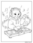 Coloriage DJ Cat avec un chat portant une capuche et des écouteurs, manipulant des platines entourées de notes musicales.
