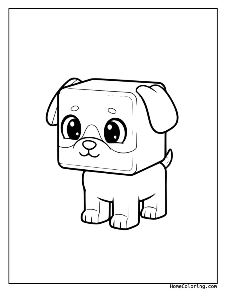 Dog Coloring Page Roblox style featuring a cute black and white line drawing of a playful puppy with large eyes, perked ears, and a curious expression.