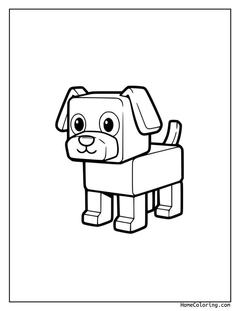 Roblox dog coloring page featuring a cute cartoon dog with large round eyes, a smiling mouth, and blocky limbs, perfect for kids to color.