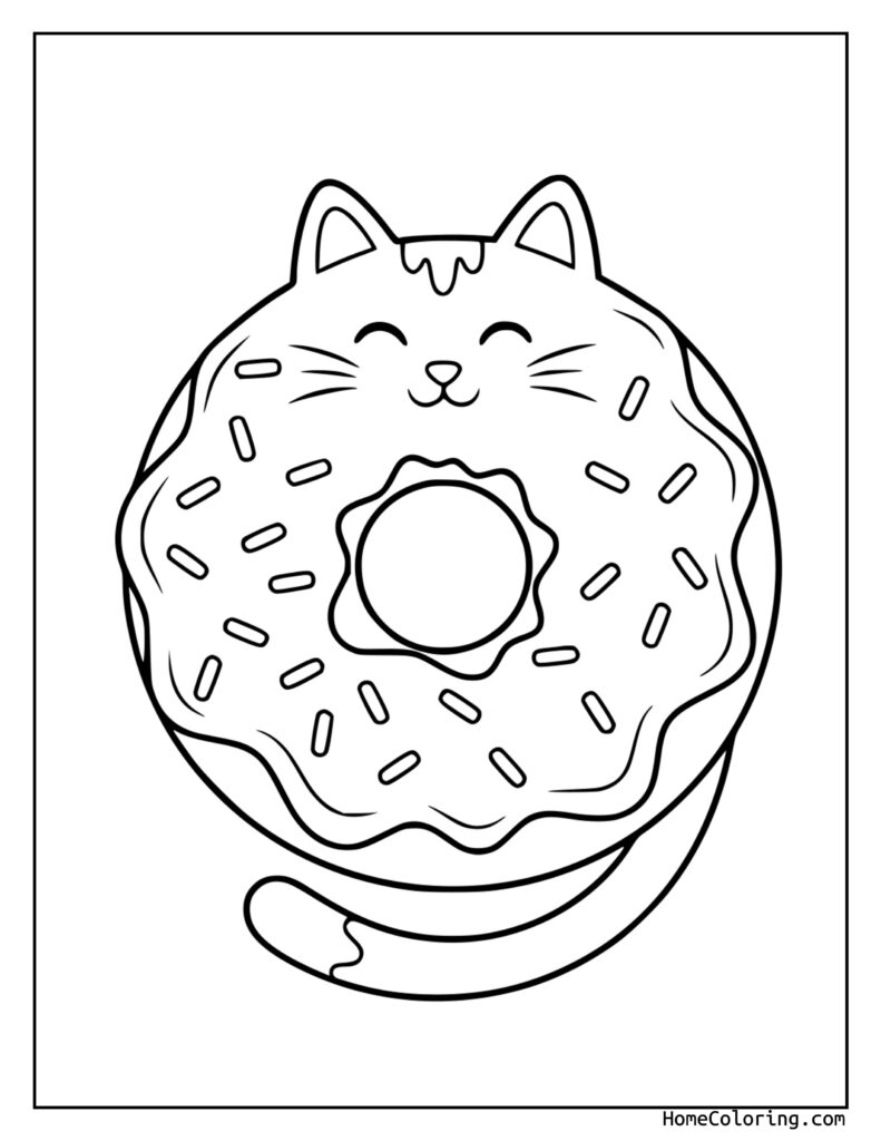 Donut cat coloring page featuring a playful cat shaped like a doughnut with a hole in the center, pointed ears, whiskers, and a smiling face.