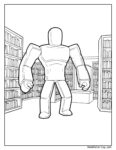 Doors Ausmalbild Roblox: Muskulöse Figur in einer Bibliothek mit Büchern, Tischen und Stühlen, bereit zum Ausmalen für Kinder und Fans des Spiels.
