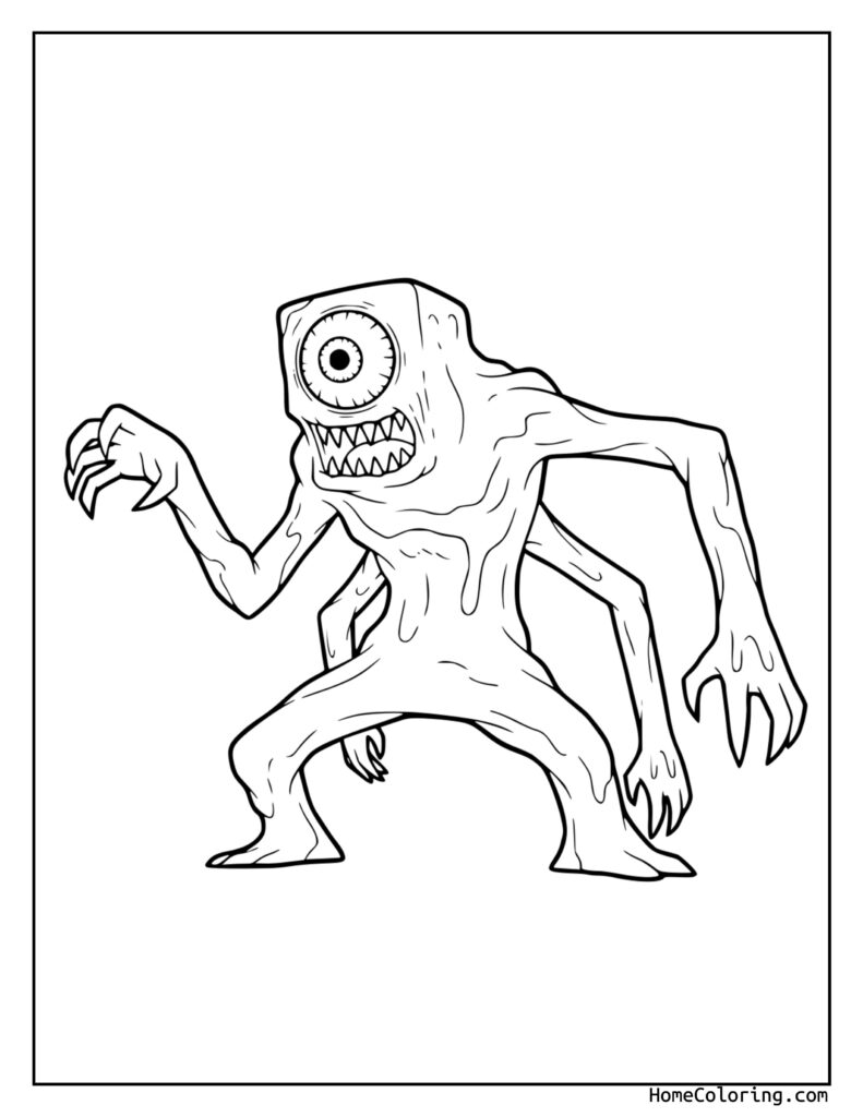 Doors – Roblox coloring page featuring a creepy humanoid creature with a large eye, sharp teeth, and elongated limbs in a black and white line drawing.