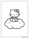Easy Hello Kitty coloring page featuring Hello Kitty sitting on a fluffy cloud, simple line drawing for kids to color.
