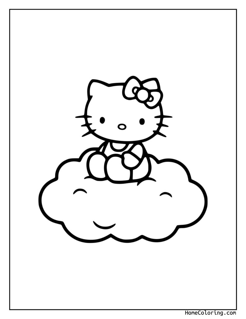 Easy Hello Kitty coloring page featuring Hello Kitty sitting on a fluffy cloud, simple line drawing for kids to color.
