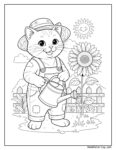 Chat jardinier coloriage représentant un chat cartoon en salopette et chapeau, arrosant une plante avec un arrosoir, entouré de tournesols et d'une clôture en bois.
