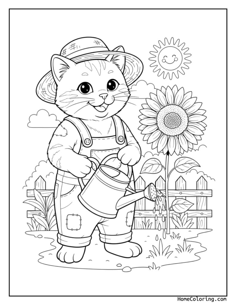 Farmer cat coloring page featuring a cartoon cat in overalls and a hat, watering a sunflower with a watering can, surrounded by a wooden fence and sunny sky.