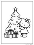 Kolorowanki Hello Kitty na Święta: postać Hello Kitty obok przystrojonej choinki z gwiazdą na szczycie, bombkami i prezentami pod nią.