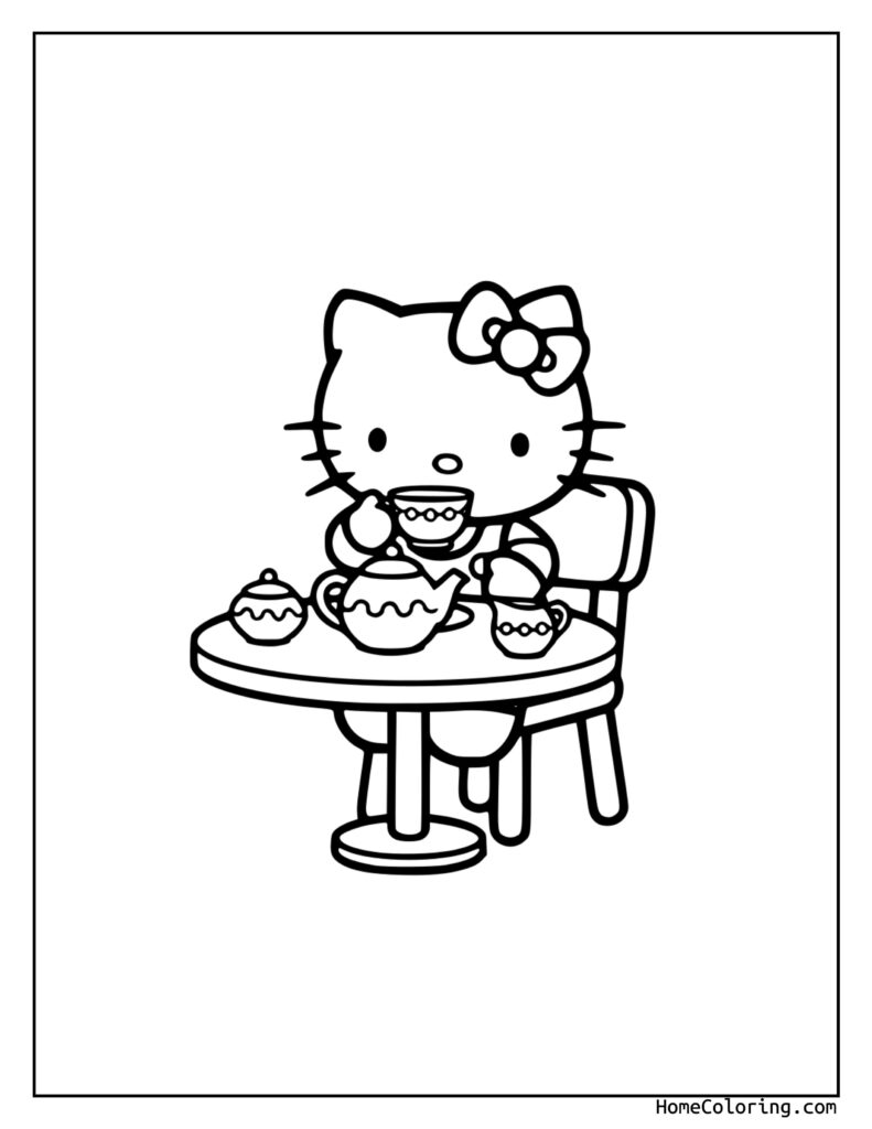 Hello Kitty drinking tea coloring page showing Hello Kitty seated at a round table with a teacup, saucer, and teapot, ready for a cozy tea party.