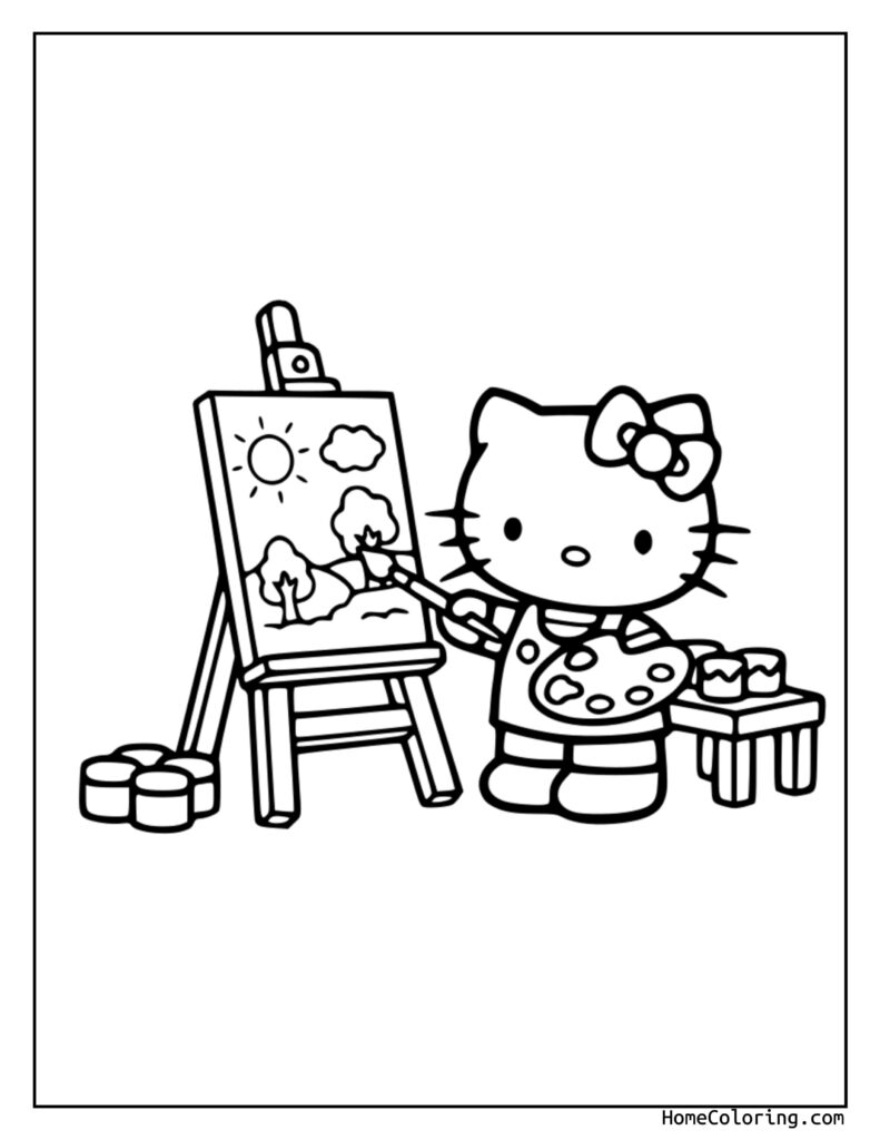 Hello Kitty Painter Coloring Page showing Hello Kitty as an artist painting a sunny scene with trees, clouds, a paintbrush, palette, and paint cans.