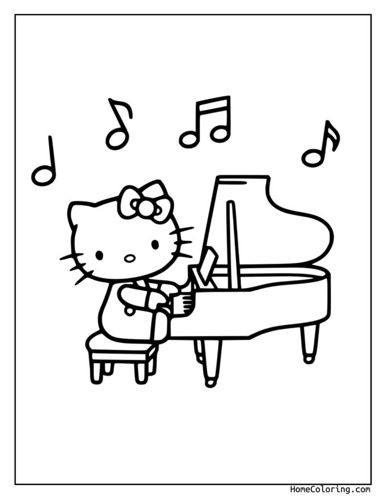 Hello Kitty Pianist coloring page showing Hello Kitty seated at a grand piano playing music with floating musical notes around her.