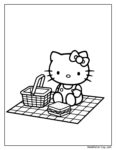 Dibujo para colorear de Hello Kitty sentada en una manta a cuadros durante un picnic, con una cesta y un sándwich frente a ella.