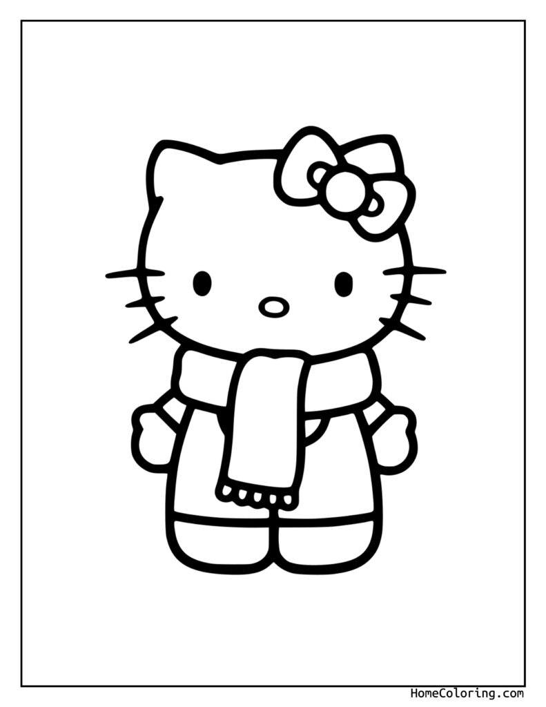 Hello Kitty Winter Coloring Page featuring a black and white line drawing of Hello Kitty with her signature bow, large eyes, whiskers, and a dress with a bow.