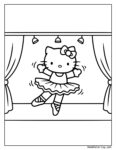 Hello Kitty ballerina coloring pages featuring Hello Kitty in a graceful ballet pose, wearing a tutu and ballet shoes on a stage with curtains and lights.