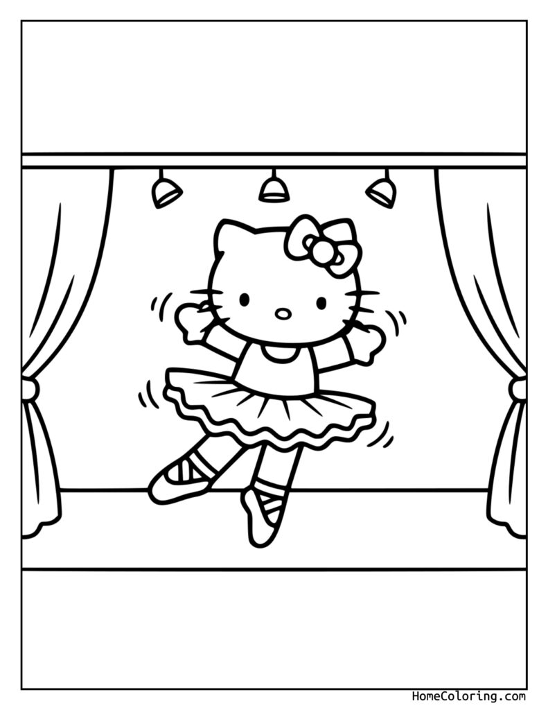 Hello Kitty ballerina coloring pages featuring Hello Kitty in a graceful ballet pose, wearing a tutu and ballet shoes on a stage with curtains and lights.