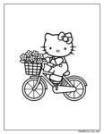 Hello Kitty on a bike coloring page featuring Hello Kitty riding a bicycle with a large bow, a bouquet of flowers in the basket, and her signature outfit.