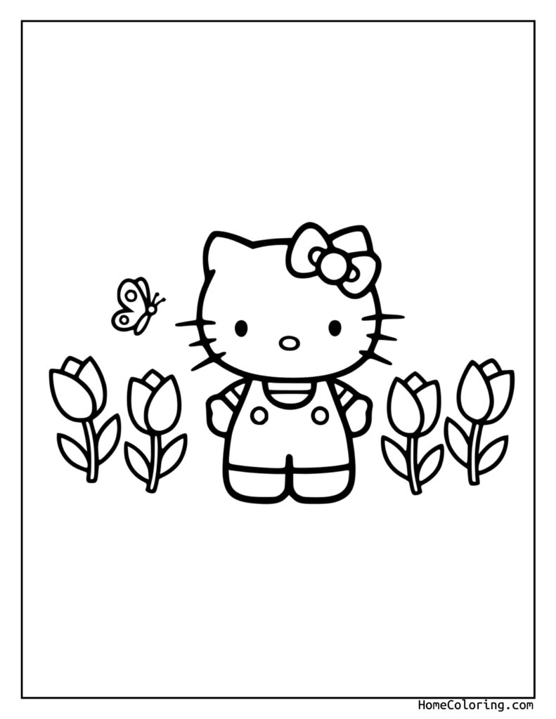 Hello Kitty with Flowers Coloring Page showing Hello Kitty with her signature bow, surrounded by four tulips and a butterfly in a black and white line drawing.
