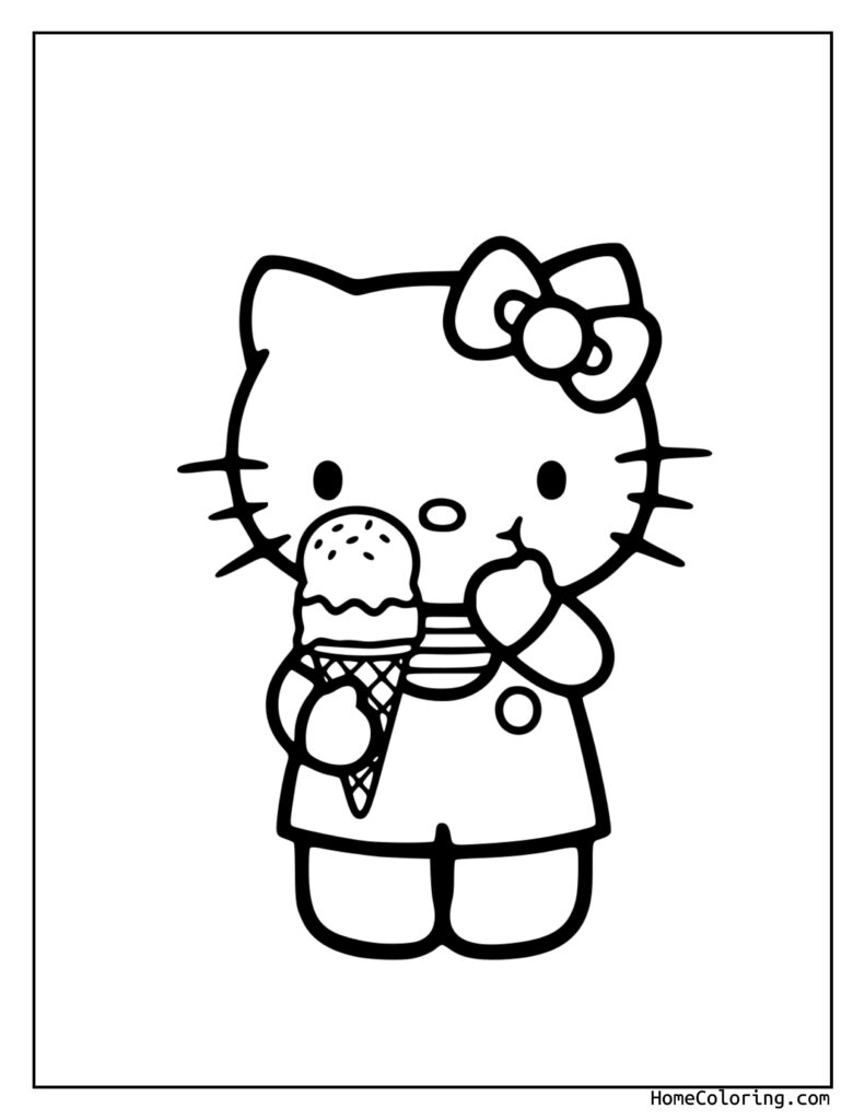 Hello Kitty with Ice Cream Coloring Page showing Hello Kitty holding a delicious ice cream cone, wearing her signature bow and cute outfit.