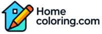 Home coloring logo featuring a light blue house with a yellow pencil inside, representing creative coloring pages for kids and families.