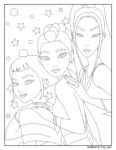 Huntrix Rumi Mira Zoey coloriage représentant trois personnages féminins aux coiffures uniques, entourés d'étoiles et de motifs circulaires, idéal pour les enfants et les amateurs de dessins magiques.