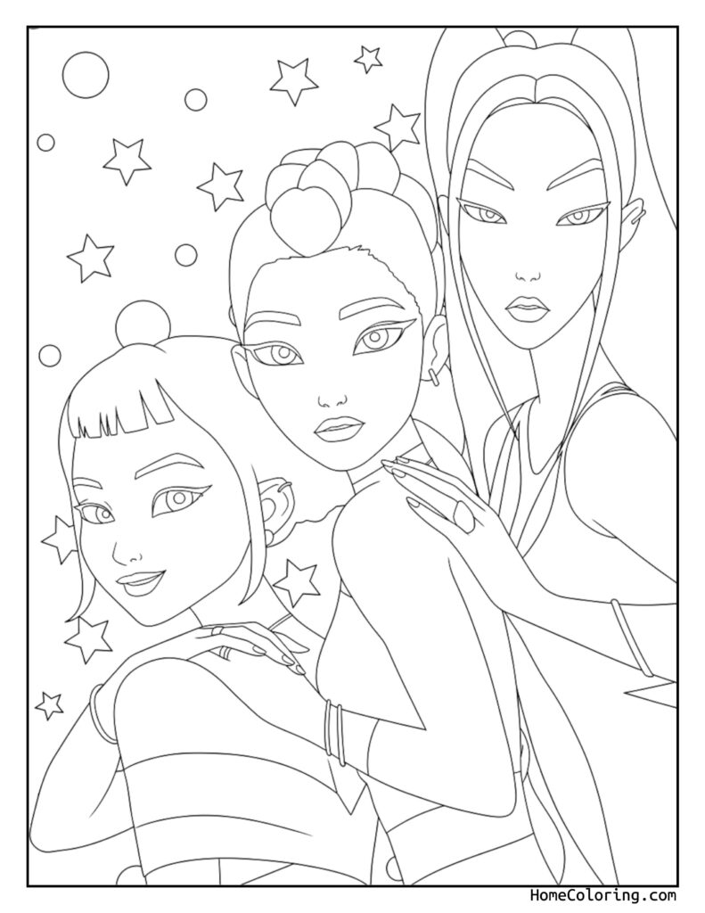 Huntrix Rumi Mira Zoey coloring page featuring three female characters with unique hairstyles and expressions, surrounded by stars and circles in a black and white line drawing.