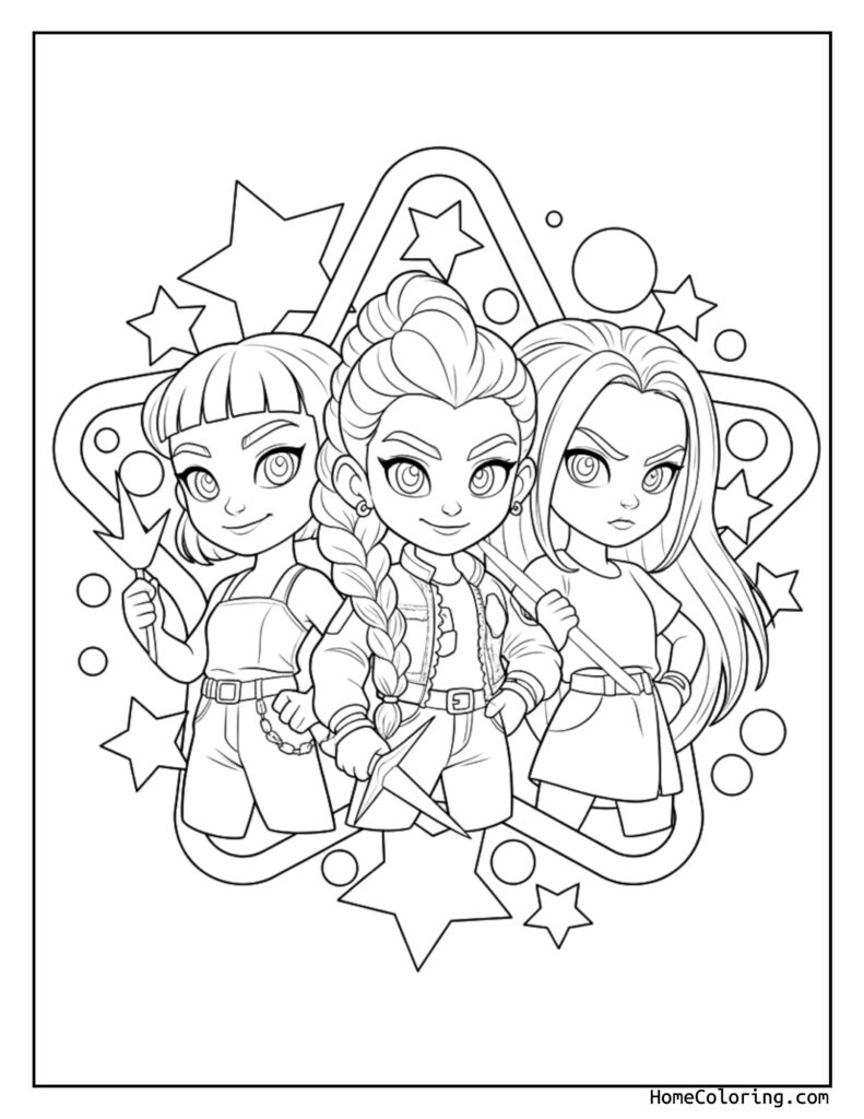 Huntrix coloring page featuring three stylized female cartoon characters holding weapons, surrounded by stars and circular patterns for creative coloring.