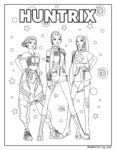Huntrix coloring page featuring three main characters from the animated series in black and white line drawing with stars, circles, and swirls in the background.
