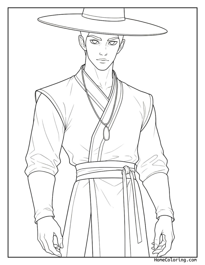 Jinu K-Pop coloring page featuring a detailed line drawing of a man in traditional Korean attire, including a wide-brimmed hat, long-sleeved shirt, and sash, with a serious expression.