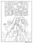 K-Pop Ausmalbilder für Kinder: Drei dynamische Figuren der Gruppe 'KPOP Demon Hunters' mit Mikrofonen, fantasievollen Outfits und Stadtkulisse im Hintergrund.