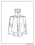 King Ausmalbild Roblox: Schwarz-weiß Ausmalvorlage eines lächelnden Königs mit Krone, langem Gewand und detailreichen Knöpfen zum Ausmalen.
