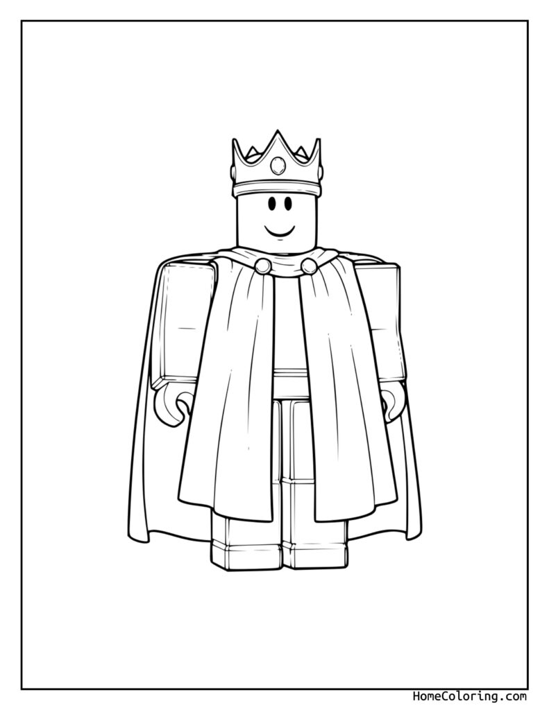King Coloring Page Roblox featuring a pixelated royal figure with a crown, detailed robe, and smiling face, perfect for kids to color.
