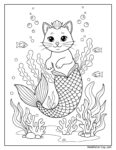 Coloriage chat sirène avec une queue de poisson, coquillage sur la tête, entouré de poissons, bulles et coraux dans un décor sous-marin.