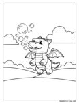 Pet Simulator – Coloring Page Roblox featuring a friendly cartoon dragon blowing bubbles, surrounded by floating bubbles, clouds, and a simple landscape.
