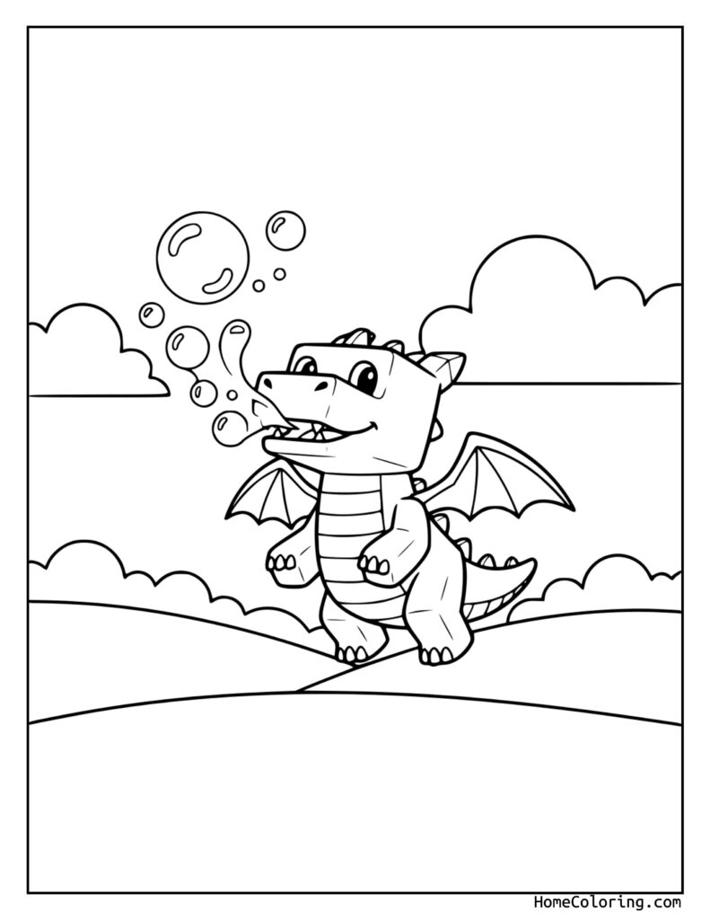 Pet Simulator – Coloring Page Roblox featuring a friendly cartoon dragon blowing bubbles, surrounded by floating bubbles, clouds, and a simple landscape.