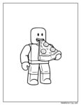 Pizza Ausmalbild Roblox: Einfache Schwarz-Weiß-Zeichnung einer LEGO-ähnlichen Figur, die ein Stück Pizza mit Belag wie Pepperoni hält.