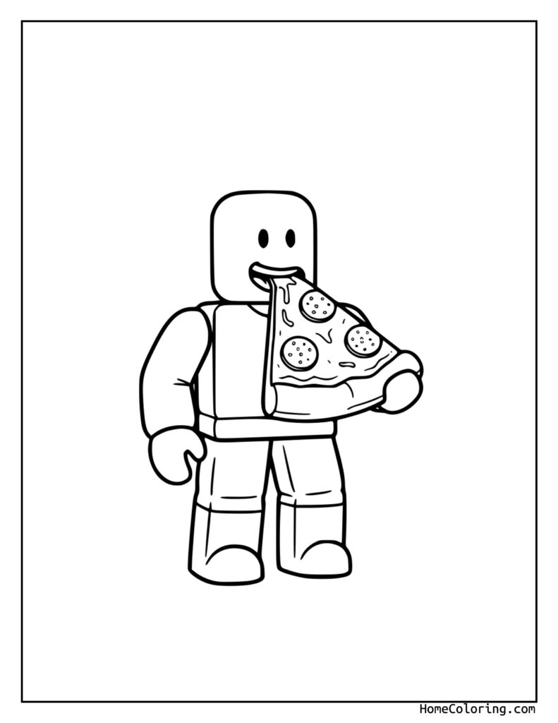 Pizza Coloring Page Roblox featuring a LEGO-style minifigure character holding a slice of pizza with pepperoni toppings, simple blocky design, black and white line drawing.
