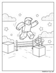 Roblox dibujo para colorear con un personaje de Minecraft saltando entre nubes esponjosas, estrellas y cubos geométricos típicos del juego.